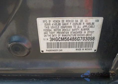 2006 Honda Accord 2.4 Lx from USA, damaged, VIN 3HGCM56486G703098